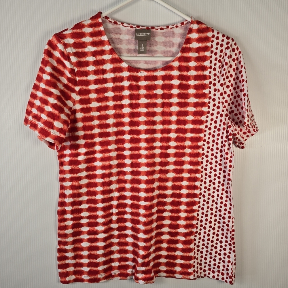 Chico's Women's Red And White Polka Dot Short Sleeve Top Size M